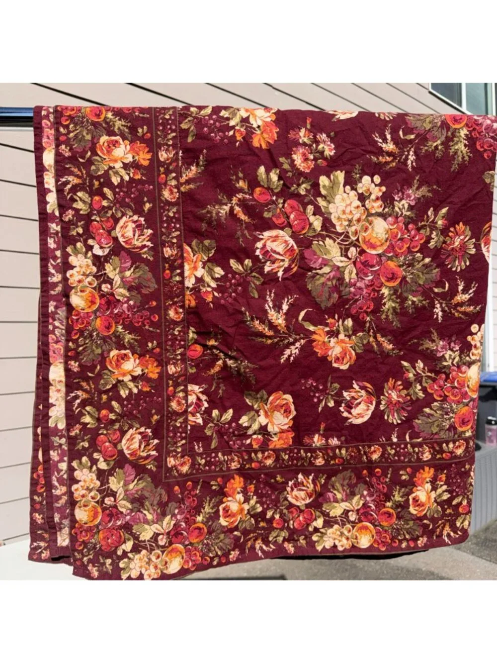 Vintage April Cornell Bountiful Harvest Tablecloth 53x53 Cotton Square Burgundy